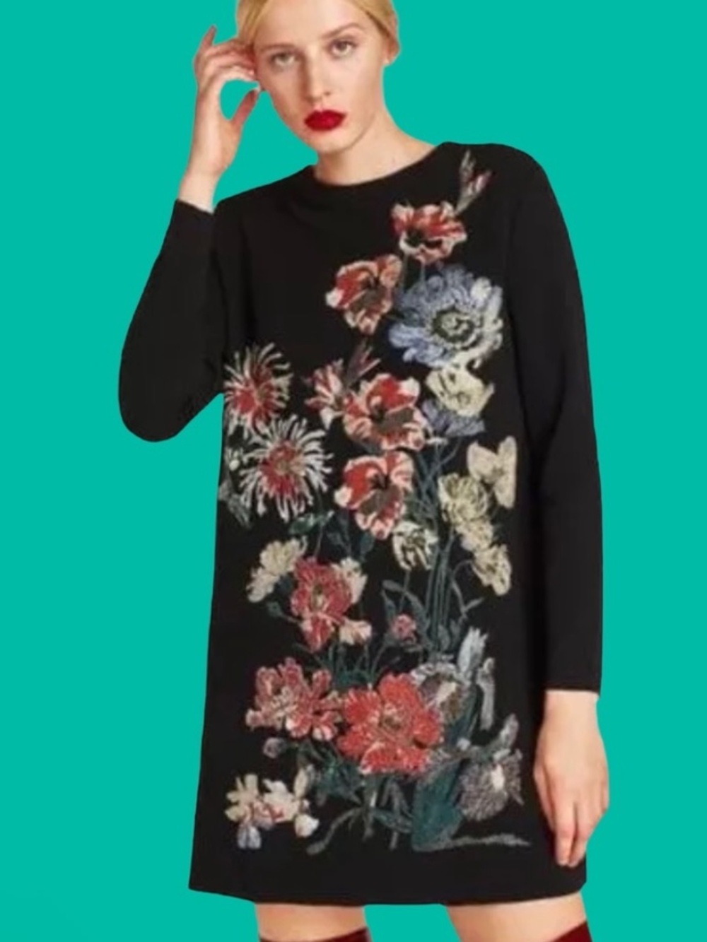 Zara Black Floral Metallic Long Dress Knit Dress Large NWT